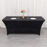 Elevate Your Event with the 6ft Black Crushed Velvet Spandex Fitted Rectangular Table Cover