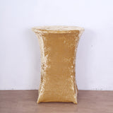 Elevate Your Event with the Champagne Crushed Velvet Spandex Fitted Round Highboy Cocktail Table Cover